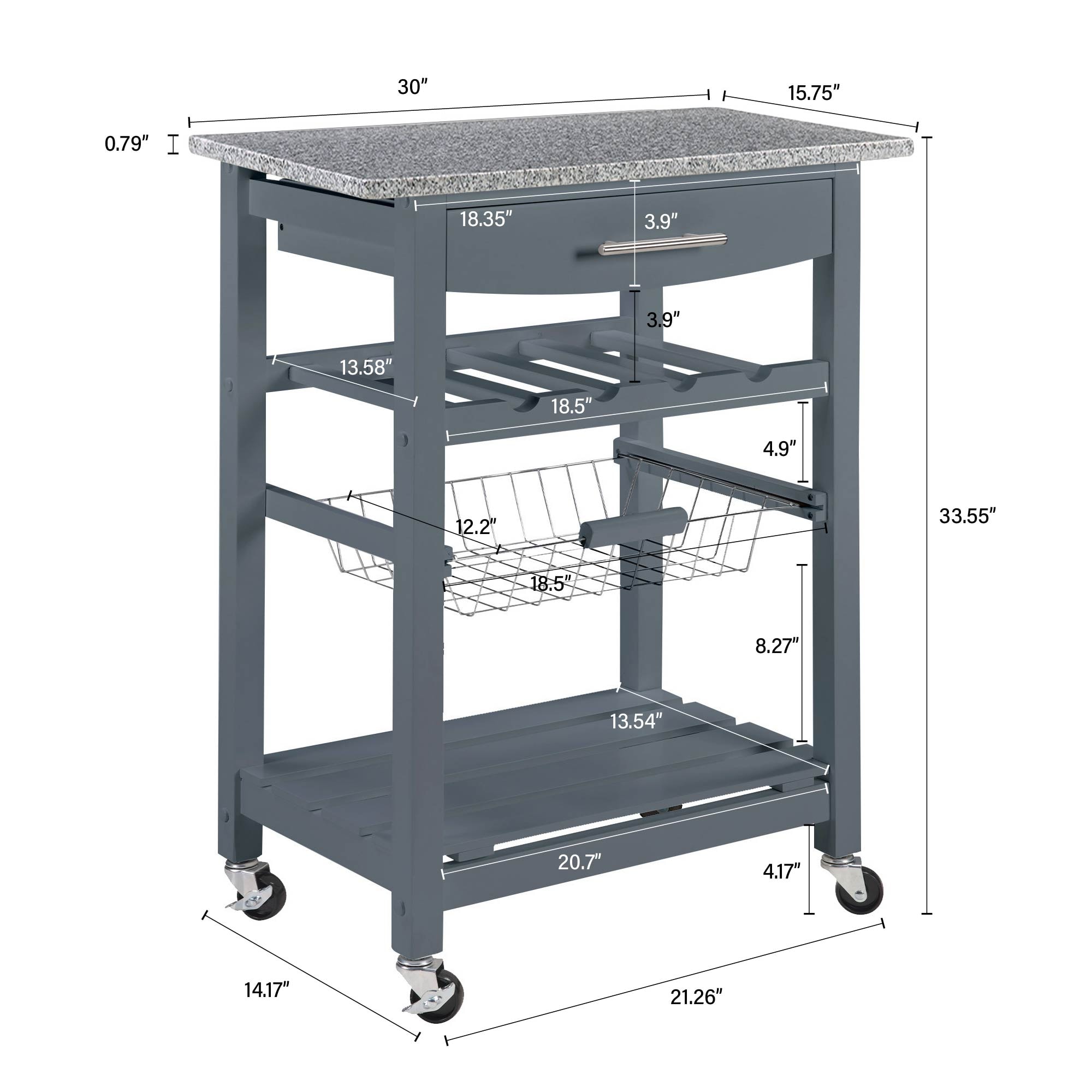 Mobile Rolling Kitchen Island Trolley Serving Cart With Underneath Drawer & Slide-Out Wire Storage Basket_voghion.com